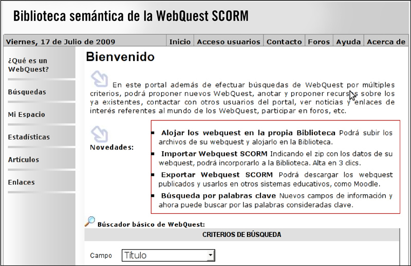 Sitio de la biblioteca semántica de la WebQuest donde se explican las novedadese de la WebQuest SCORM